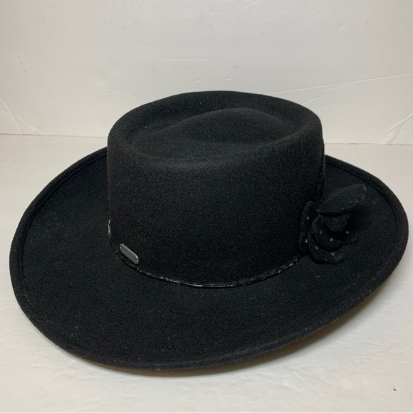 Liz Claiborne Womens Fedora Hat Wool Wide Brim Black Beaded Strap